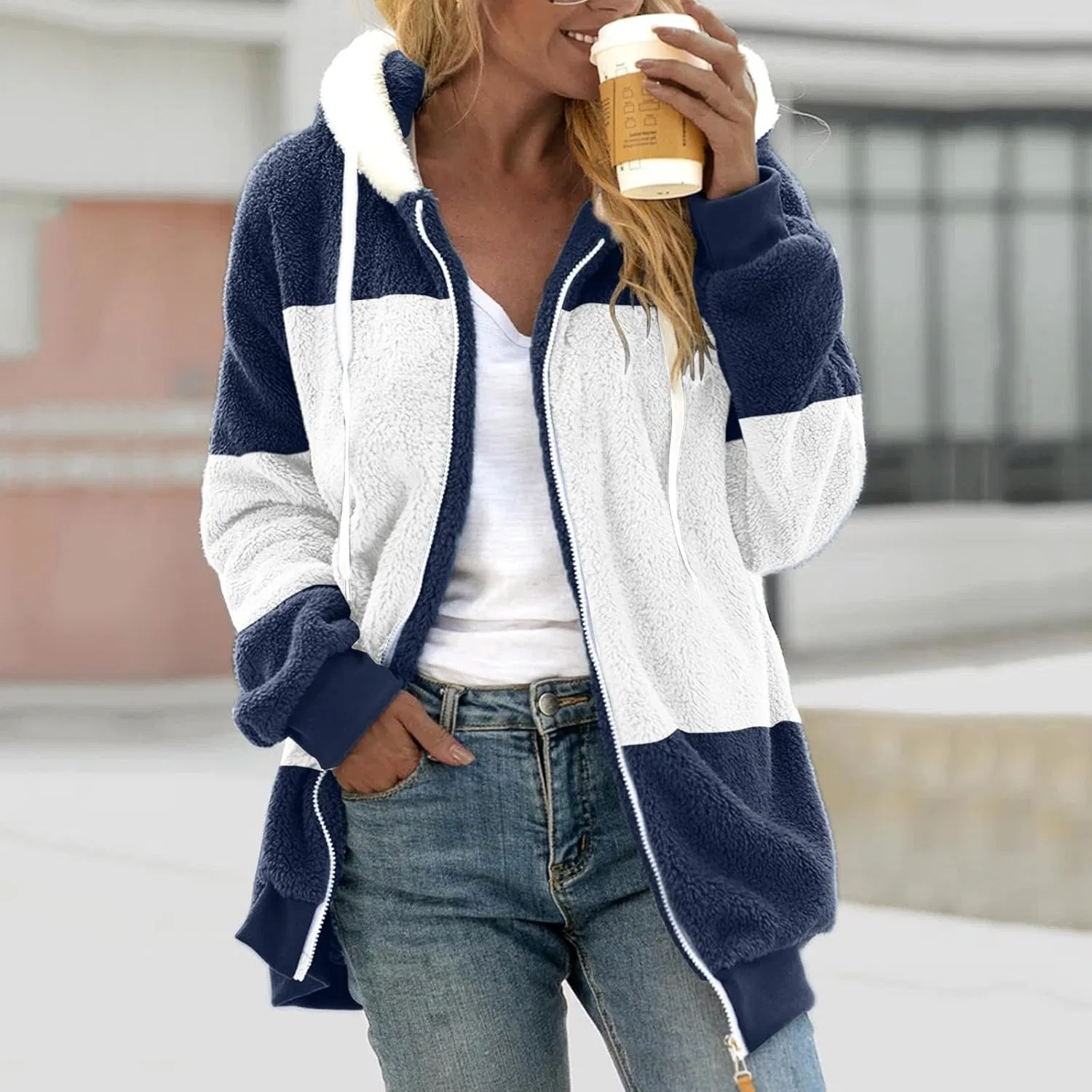 Худи с вышивкой, оверсайз, Outerwear Long Sleeve Embroidery Script Logo Zip Hooded Jacket, синий — фото 2