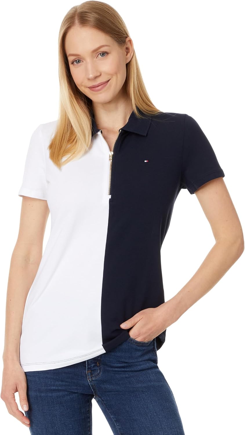 

Женская рубашка-поло Tommy Hilfiger с коротким рукавом и цветными блоками на молнии, Bright White/Sky Captain