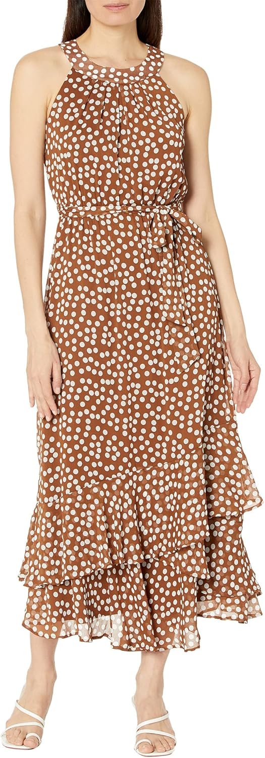 

Платье макси Calvin Klein с шифоновым принтом и воротником-стойкой, Tortoise/Cream