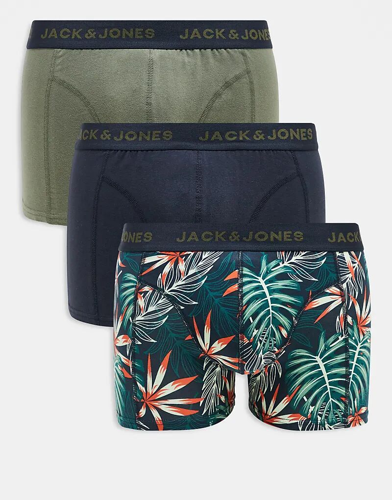 

Упаковка из 3 трусов-транков с принтом пальм и темно-синим цветом Jack & Jones