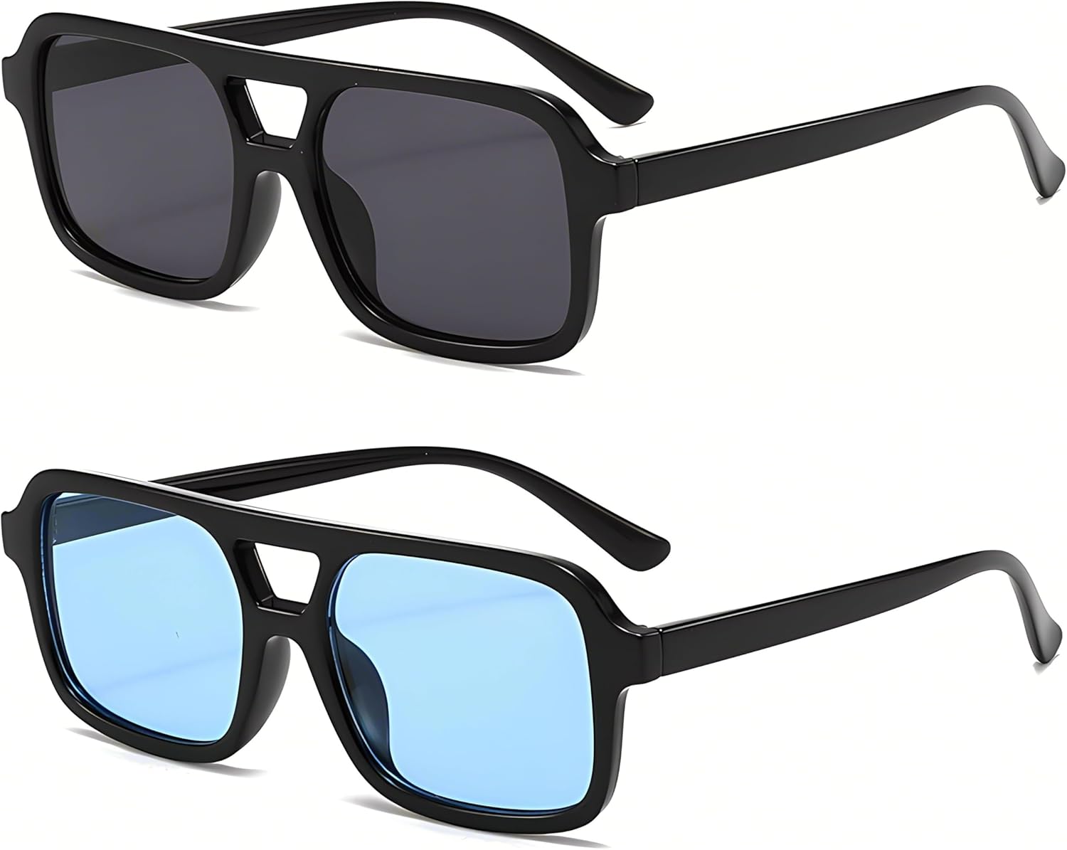 

Солнцезащитные очки-авиаторы в стиле ретро, ​​квадратные, для женщин и мужчин, винтажные, модные, прямоугольные, в стиле 70-х Kursan, 2 Pack (Bright Black/Black + Bright Black/Blue)