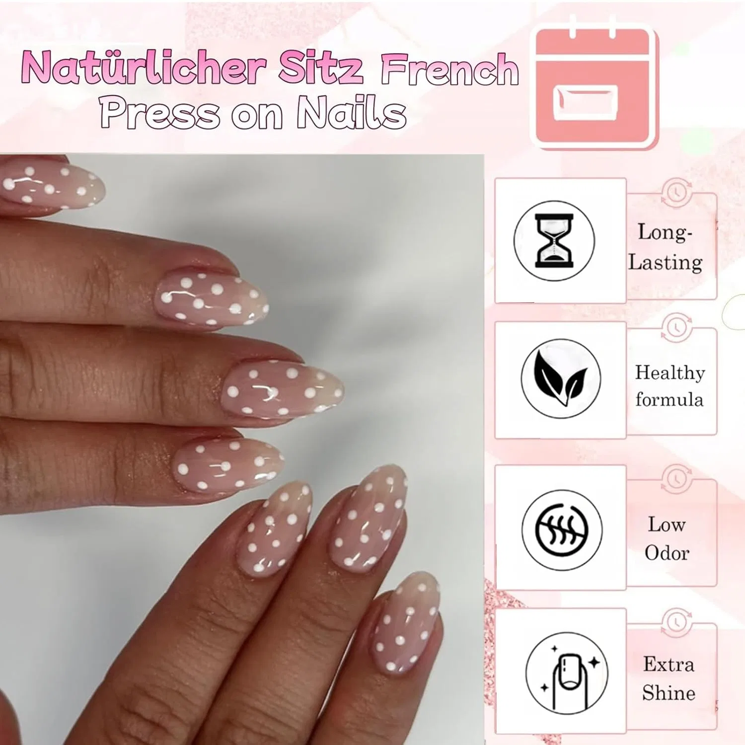 Накладные ногти миндалевидные с белым горошком (24 шт.) Virellay, Pink Polka Dot — фото 2