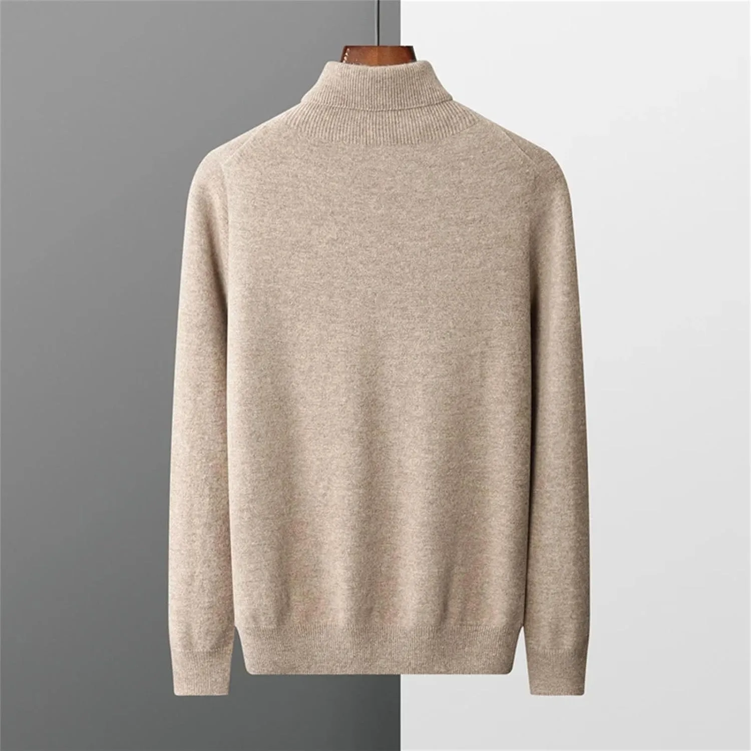 Мужской водолазка вязаный свитер Slim Fit однотонный мягкий теплый пуловер Generic, бежевый — фото 3