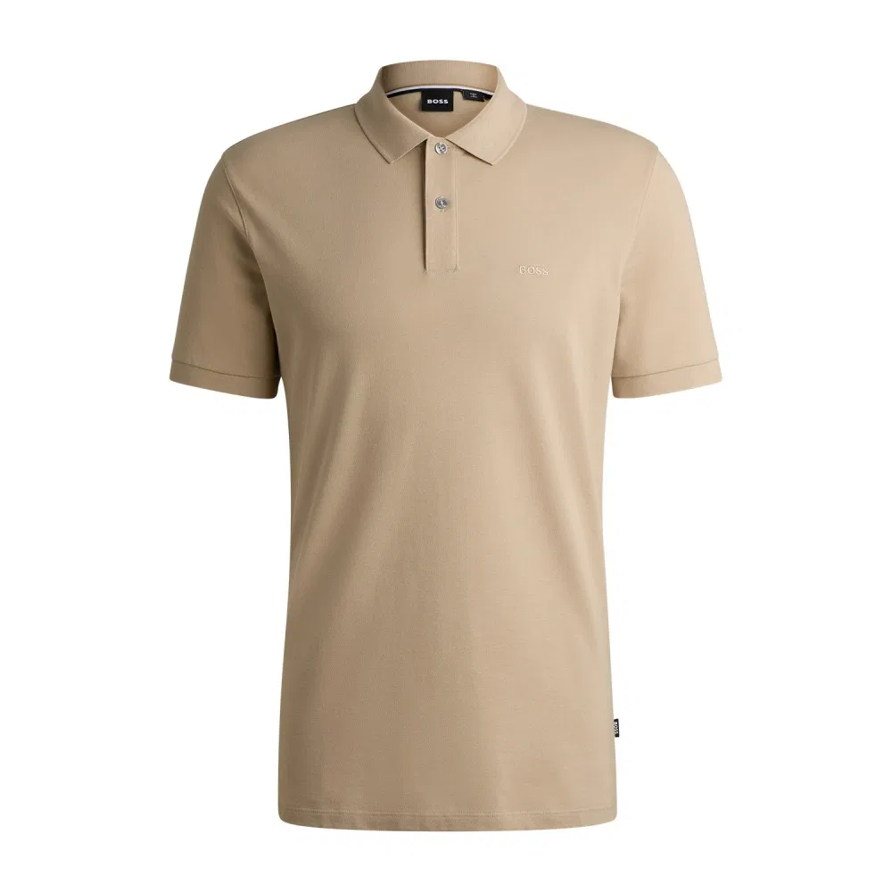 Мужская футболка-поло Boss Signature Pique Regular Fit, светло-бежевая — фото 3