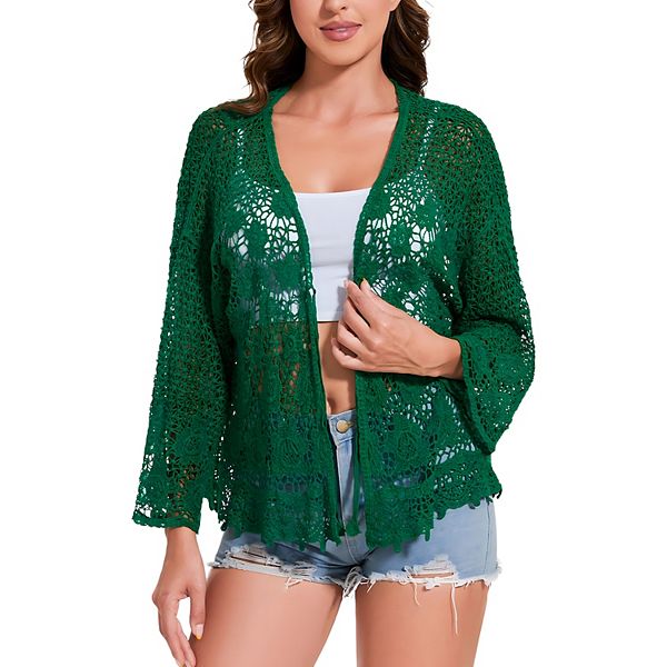 

Женский короткий кардиган с вышивкой и кружевом, с укороченными рукавами Anna-Kaci, Green