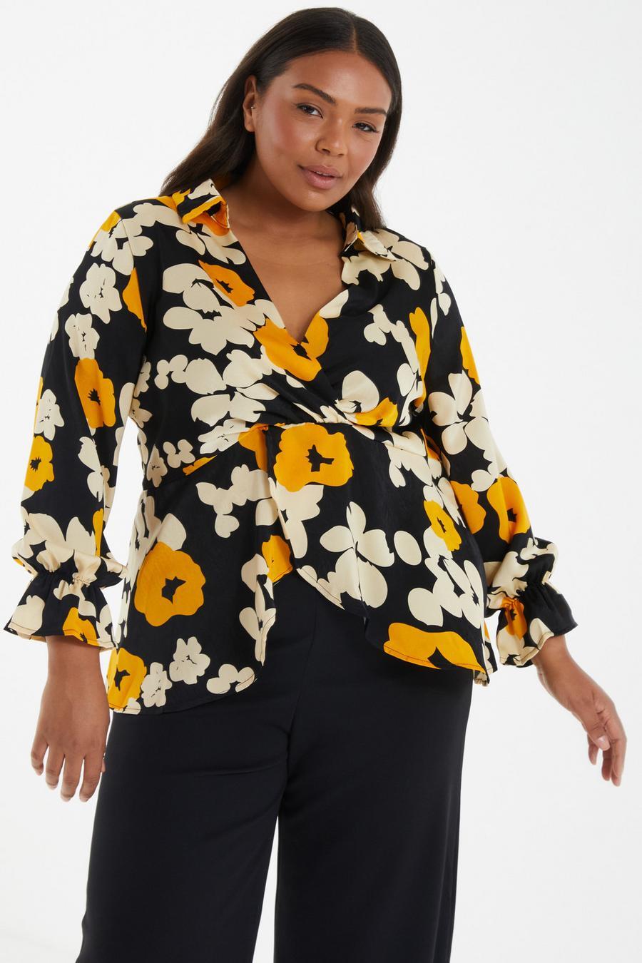

Блузка Curve Black Floral Fll Cuff с атласными манжетами QUIZ Clothing