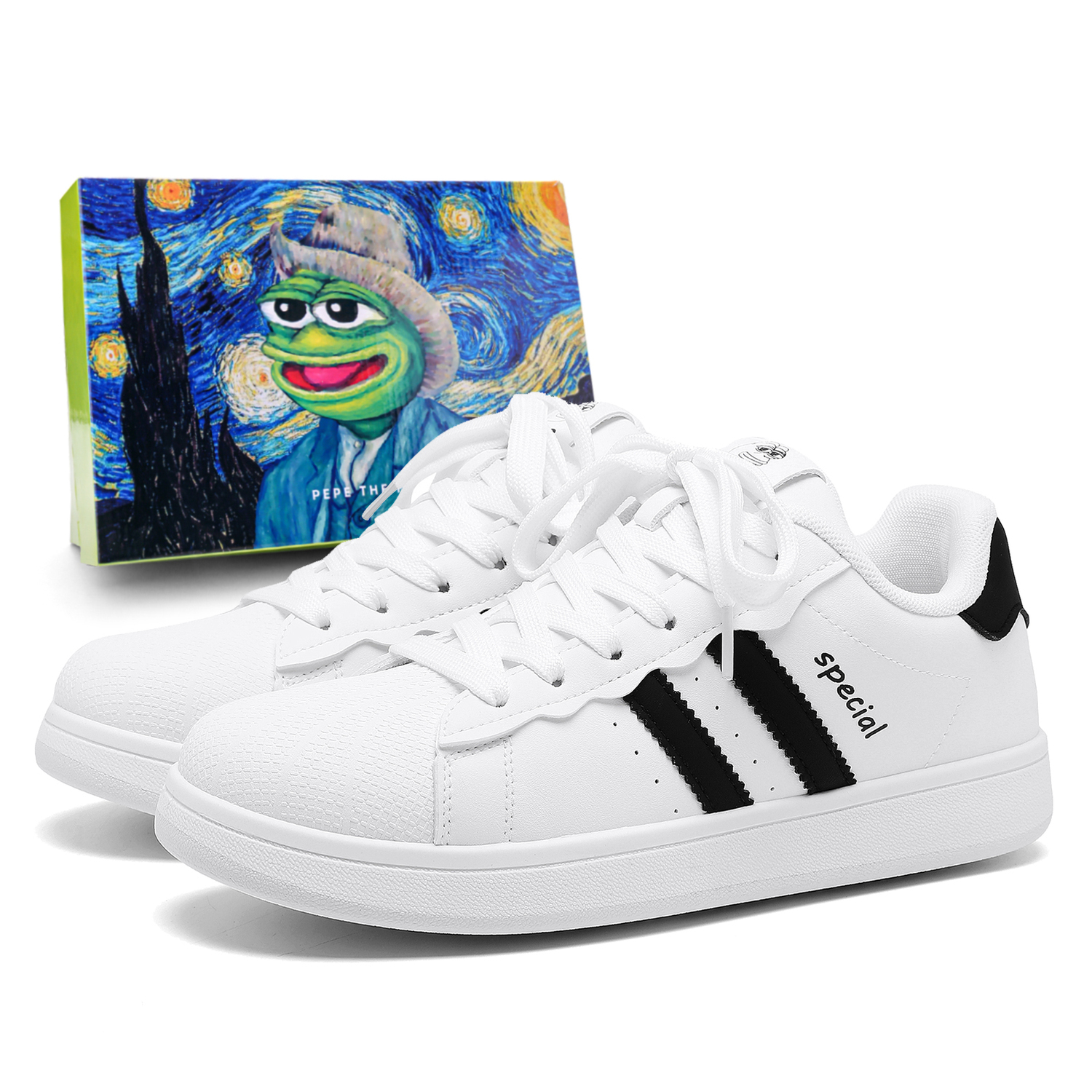 

Pepe The Frog Юнисекс скейтерские кроссовки лоу-топ черно-белые с ледяным голубым, цвет White Ice Blue