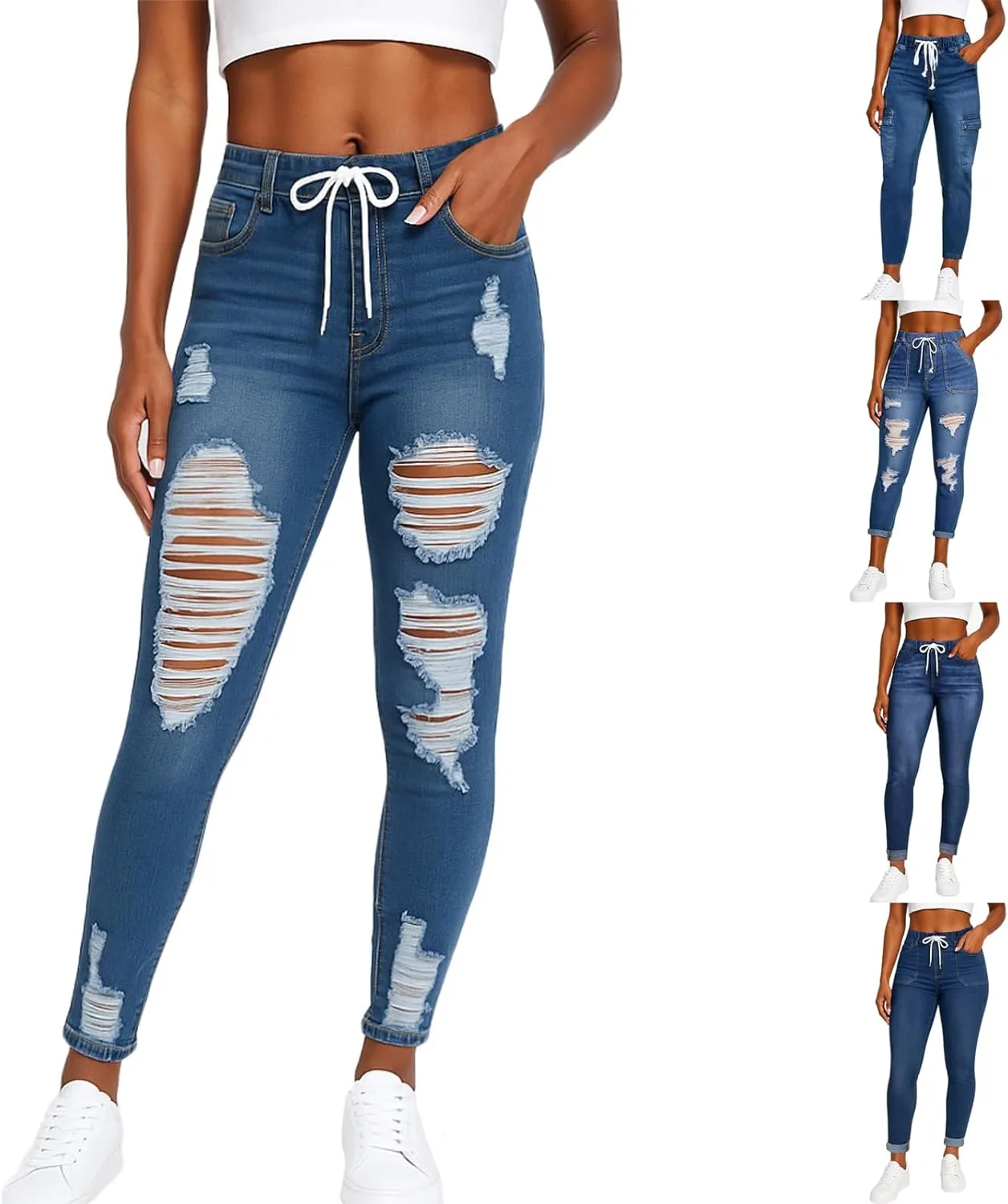 

Женские джинсы скинни рваные высокие distressed stretchy plus size прямые с кулиской