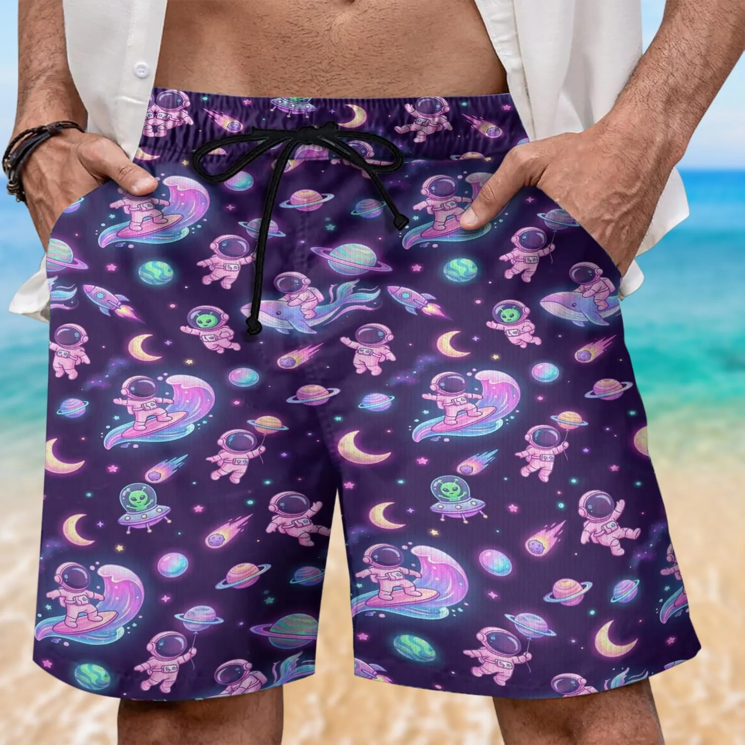 Мужские плавки Galaxy Hawaiian с 3D-изображением планет, гавайской тематикой, сетчатой ​​подкладкой, купальный костюм, подарок на праздник Generic, Galaxy_4 — фото 2