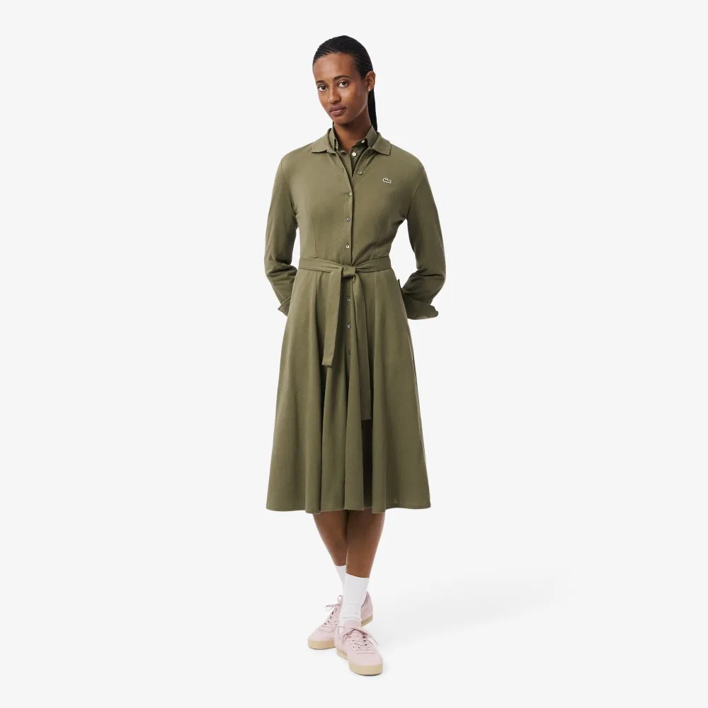 Платье-поло Lacoste Fit & Flare с поясом, хаки