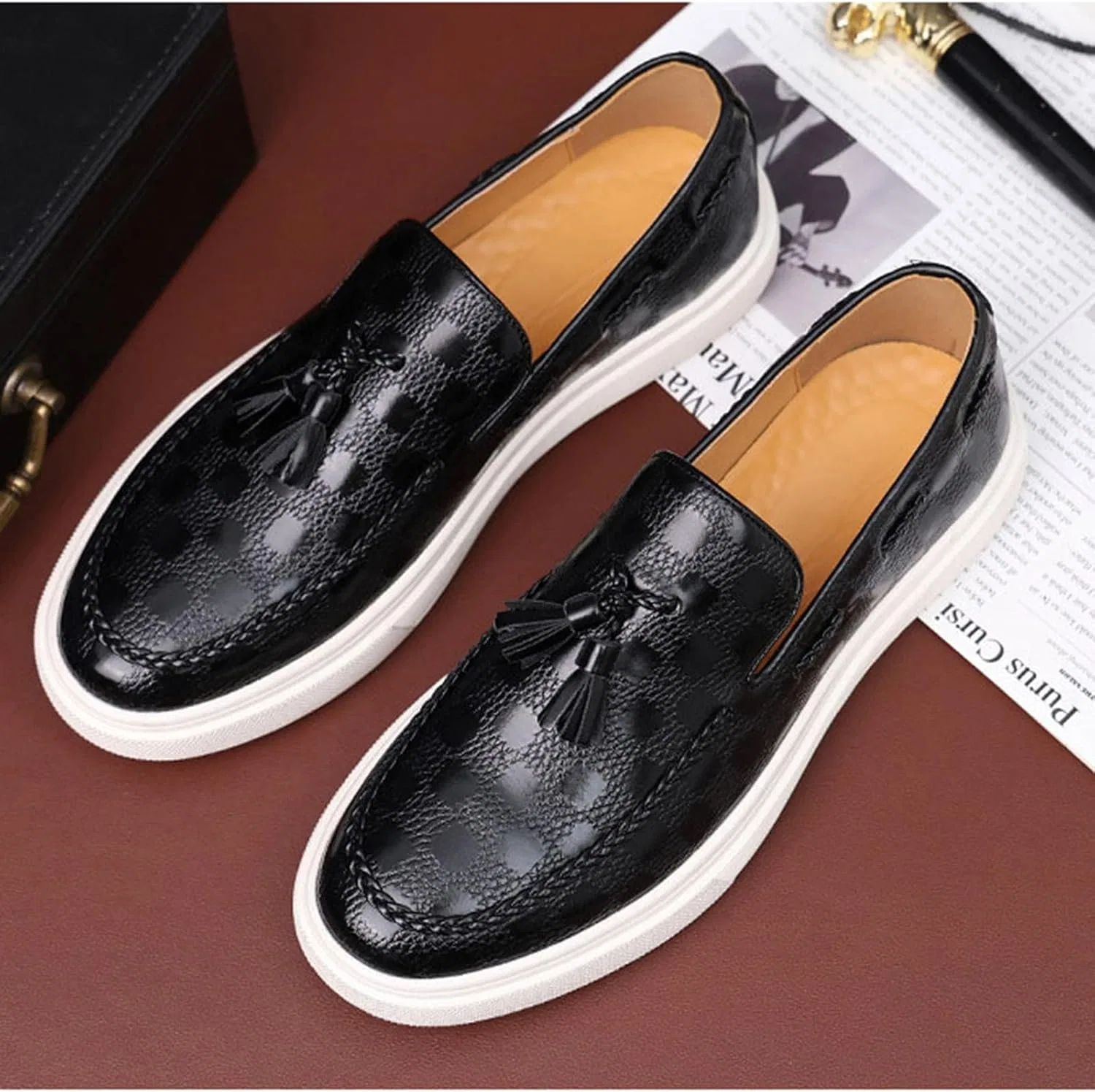 Лоферы мужские из искусственной кожи, с кисточками, Black — фото 2