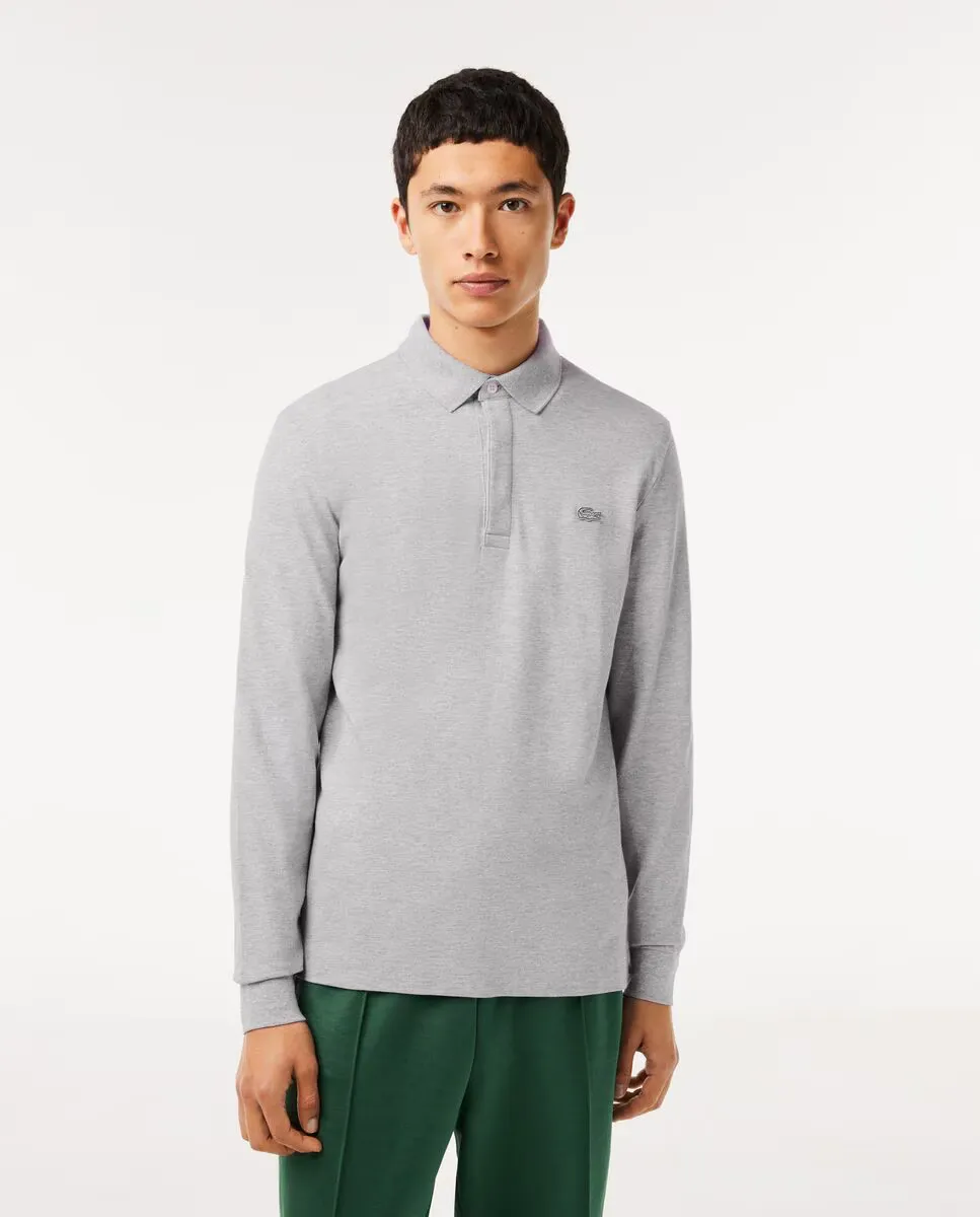 

Обычная мужская рубашка-поло черного цвета с длинными рукавами Lacoste, светло-серый