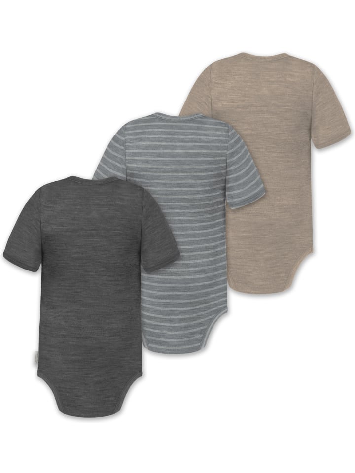 Normani Outdoor Sports Комплект из 3 унисекс комбинезонов-боди с короткими рукавами и пуговицами из мериносовой шерсти для младенцев, бежевого/серого/антрацитового цвета — фото 2