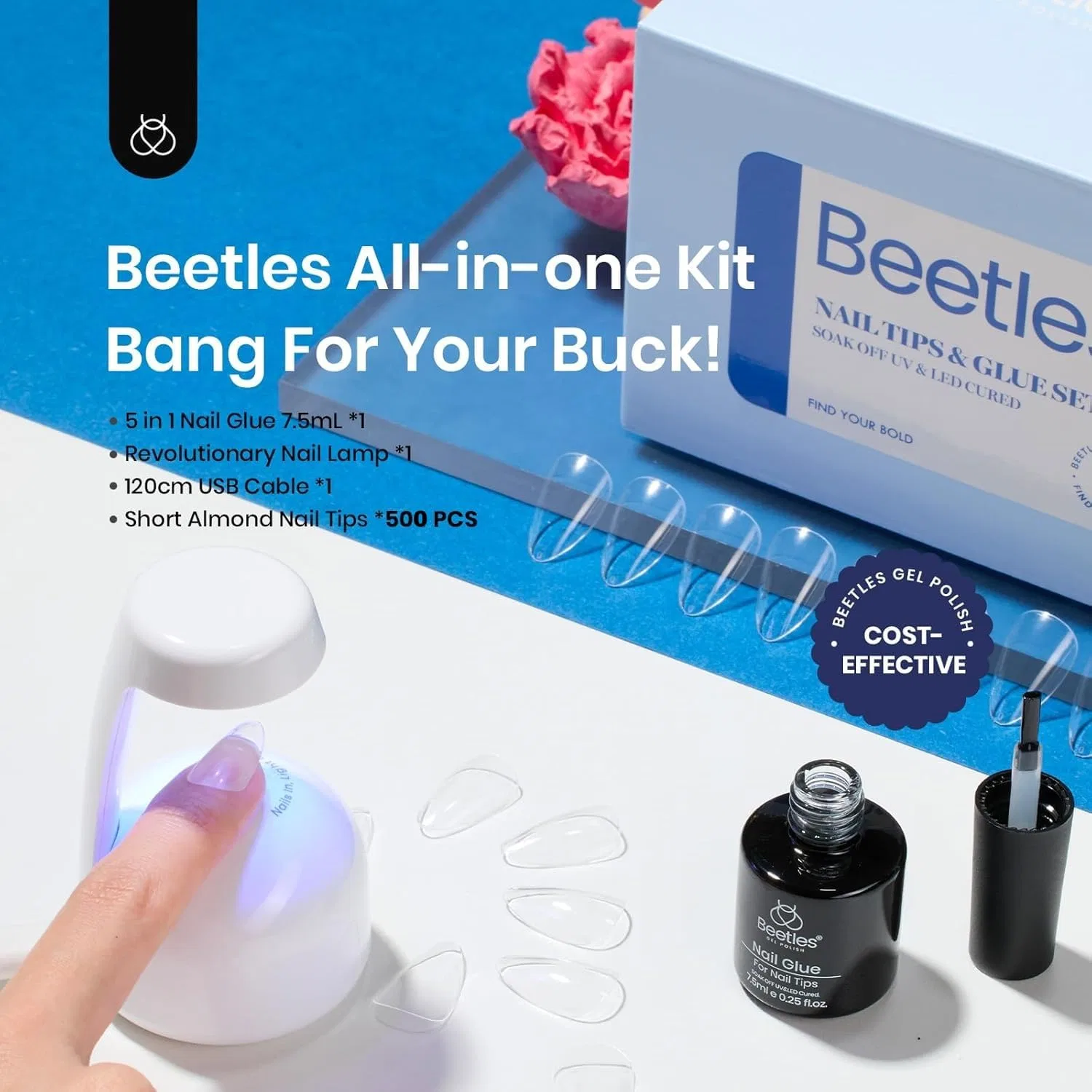 Набор для наращивания ногтей Beetles Gel Nail Tips Almond с УФ/LED лампой Beetles Gel Polish, Short Almond 500 Pieces (Clear Set) — фото 2