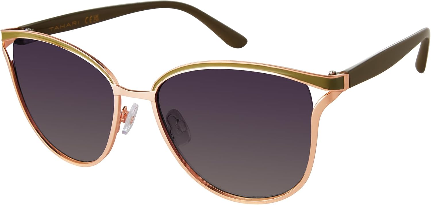 

Женские солнцезащитные очки TAHARI TH895 в винтажном стиле с защитой от УФ-излучения UV400, металлические, в форме «кошачьих глаз». Элегантный подарок для нее, 58 мм, розовое золото и оливковый цвет, Rose Gold & Olive