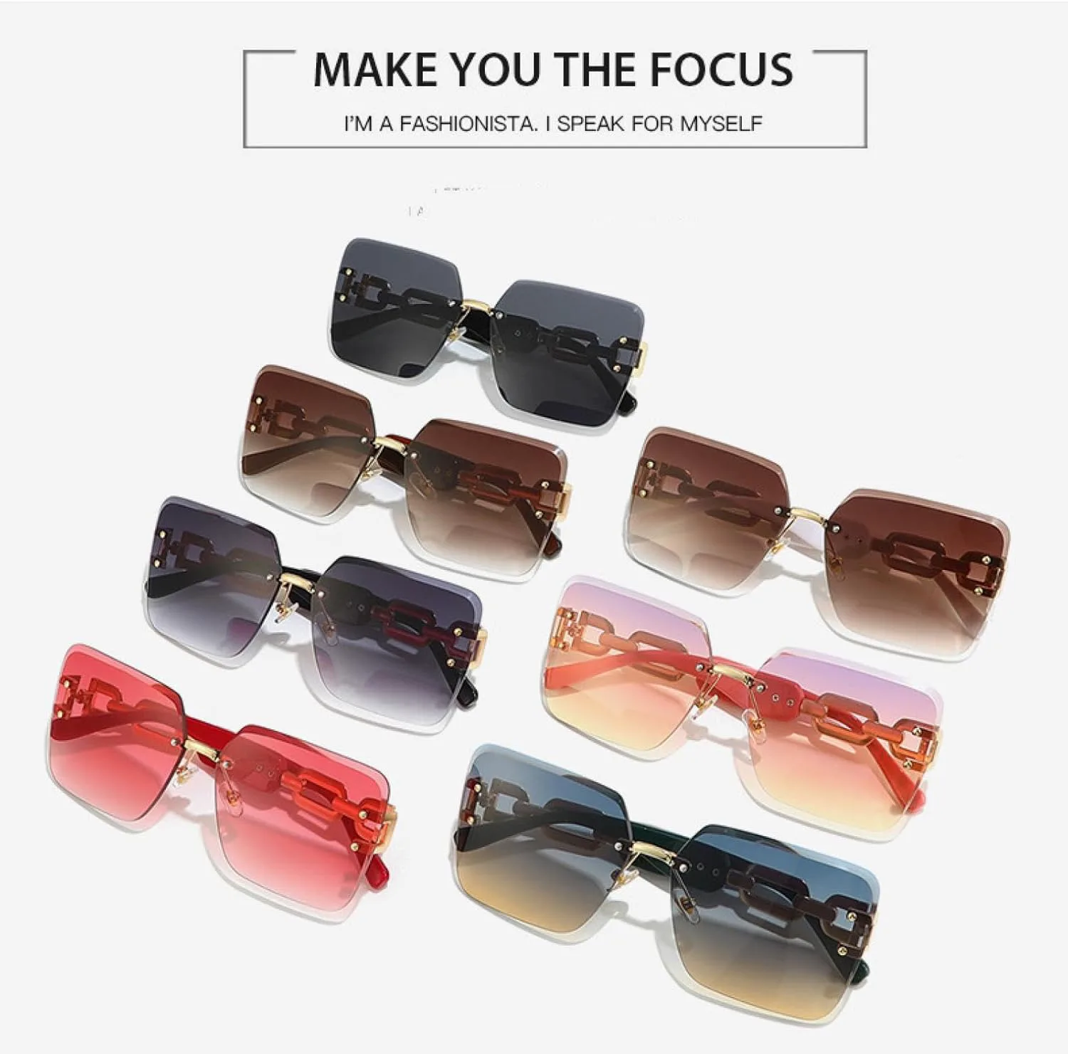 

Крупные солнцезащитные очки без оправы на цепочке в винтажном стиле для мужчин и женщин, стильные и модные, с защитой от УФ-излучения UV400 TKKTLLT, Gradient Gray