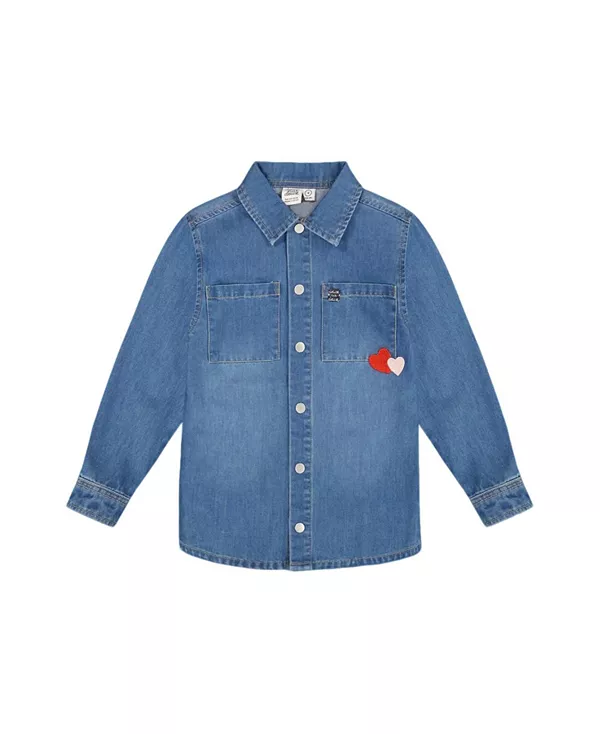 

Джинсовая рубашка для девочек с накладными карманами и рисунком яблоневого сада - для маленькой девочки. Deux Par Deux, синий