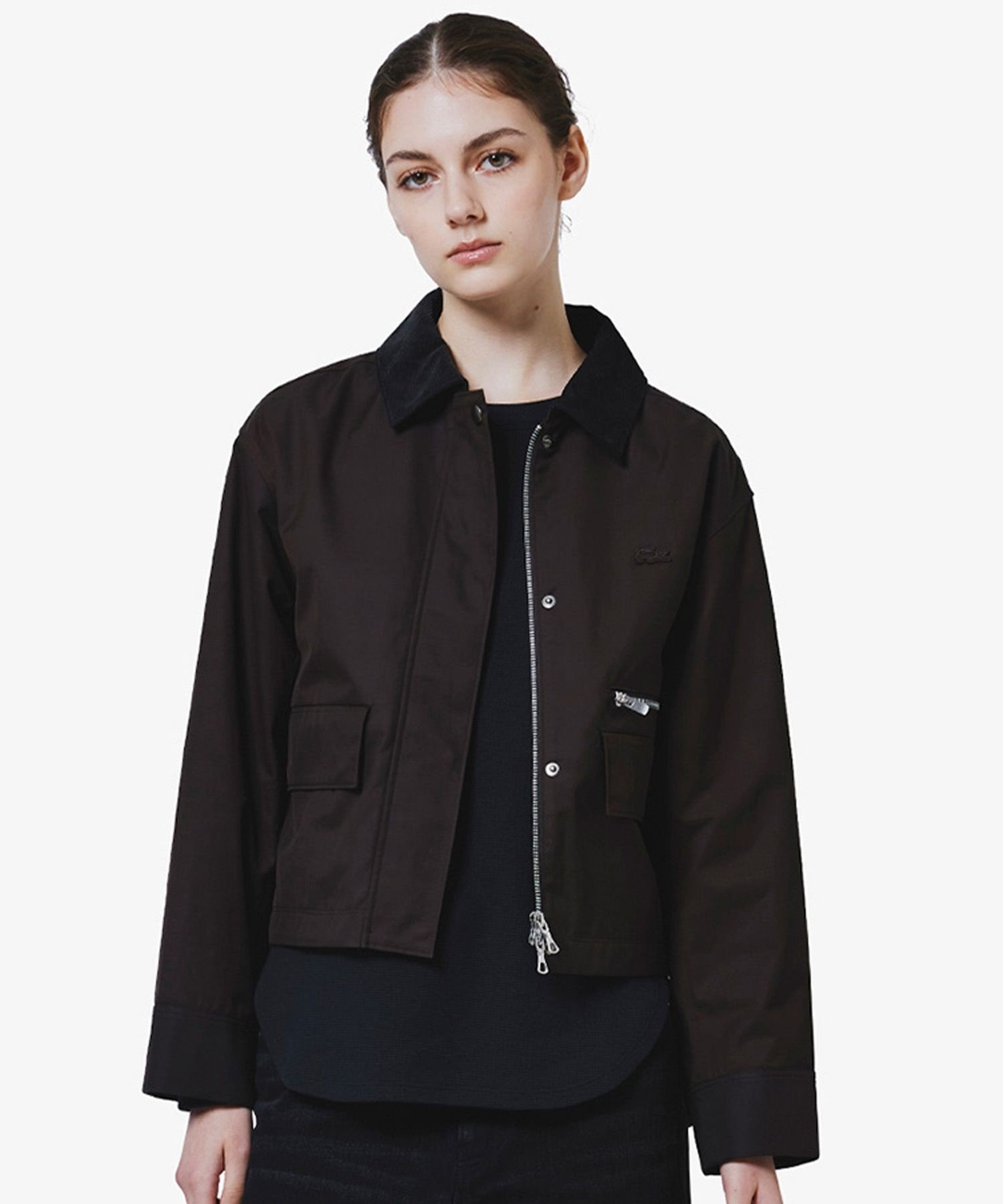 Короткий блузон из вельвета Lacoste, с прорезной молнией, темно-коричневый
