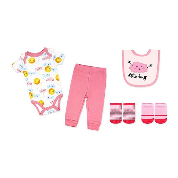 

Комплект для девочки: боди, штанишки, слюнявчик и носочки Baby Mode