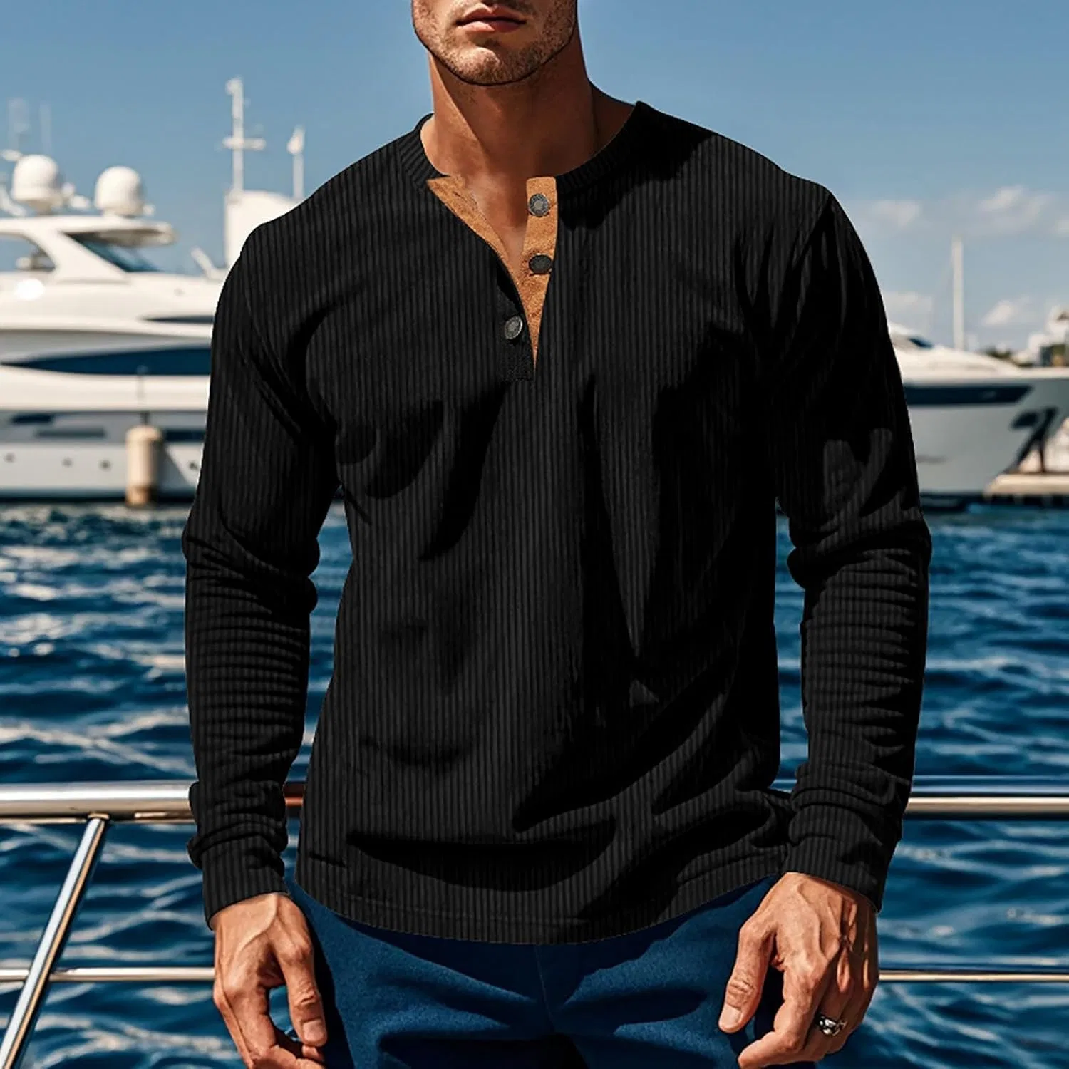 Мужская футболка-поло с длинным рукавом Slim Fit, корд, базовая облегченная, повседневная, с круглым вырезом Generic, черный