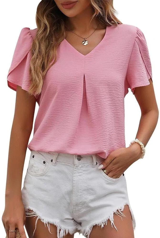 

FMCHICO Женская повседневная летняя блузка с коротким рукавом и V-образным вырезом