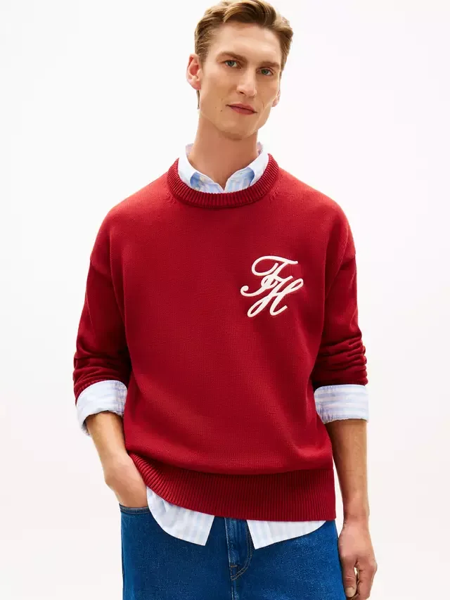 Свитер с круглым вырезом и вышивкой логотипа, красный/бордовый Tommy Hilfiger
