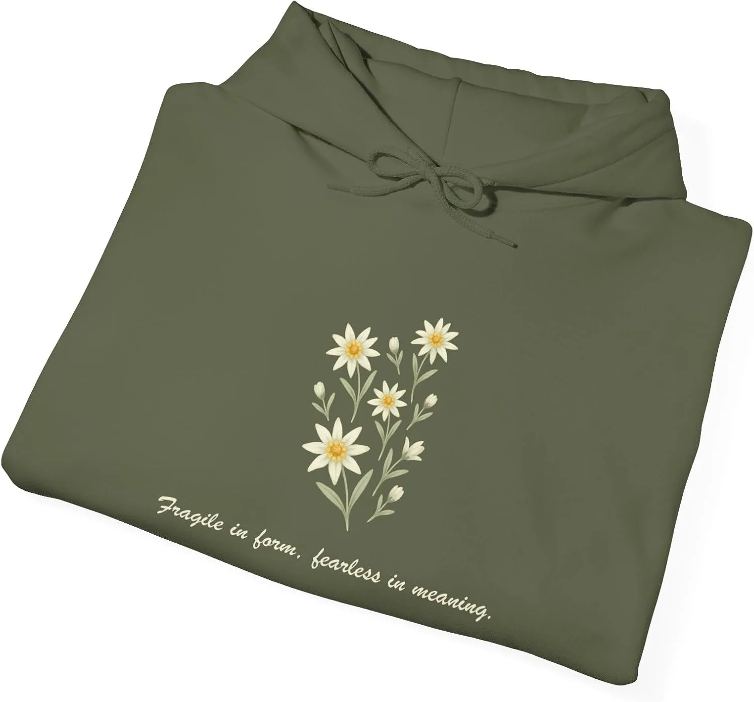 Худи Edelweiss Floral - минималистичная толстовка с надписью «Хрупкая по форме, бесстрашная по смыслу» и принтом Alpine Spirit на рукавах GENERIC, зеленый — фото 2