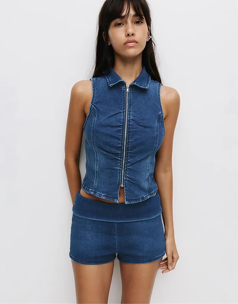 

Джинсовый топ на молнии Pull&Bear темно-синего цвета