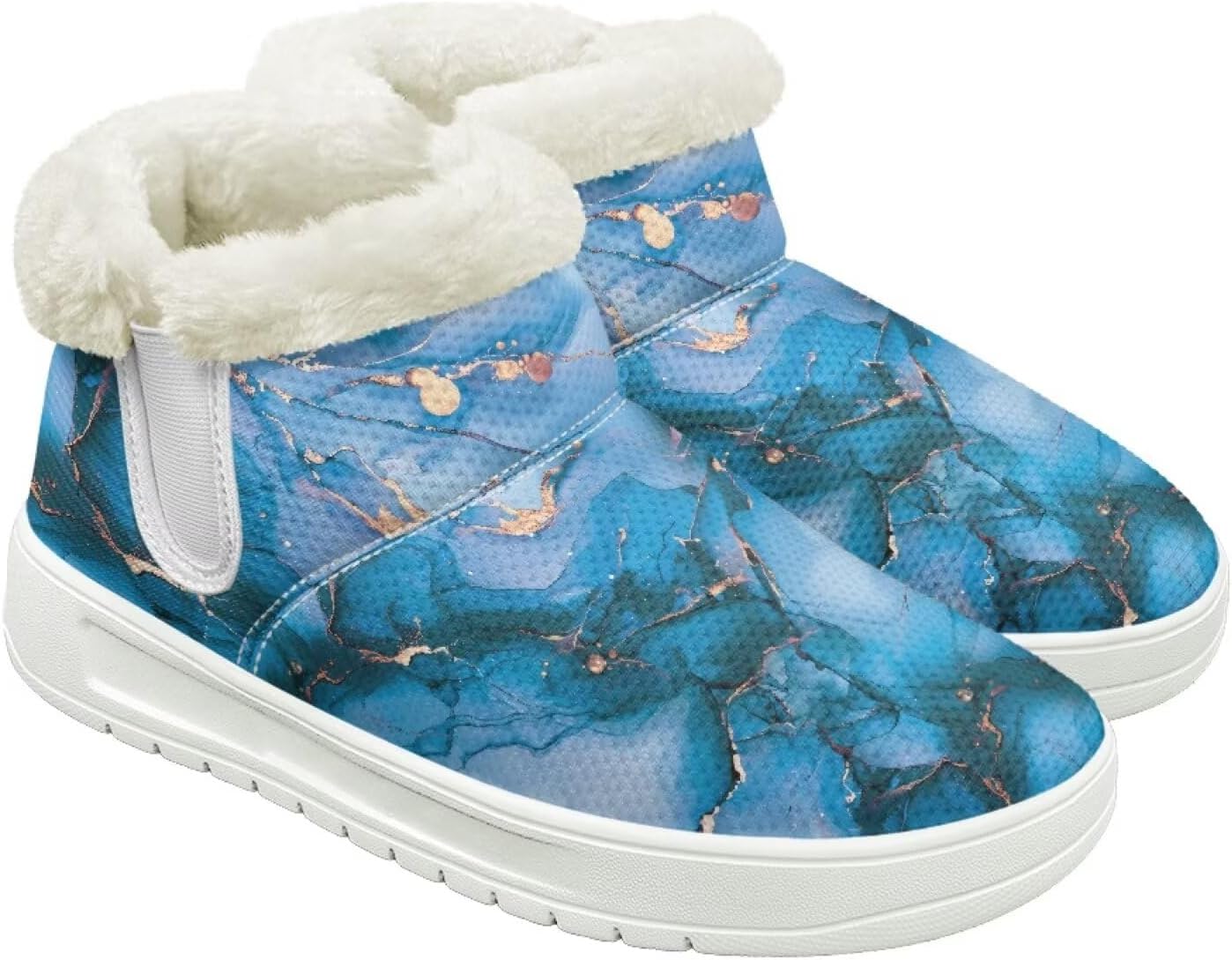 

Женские пушистые зимние ботинки для снега для женщин и мужчин, удобные ботильоны на липучке, теплые мягкие ботинки с тянущейся манжетой Cugasmaru, Blue Marble Print