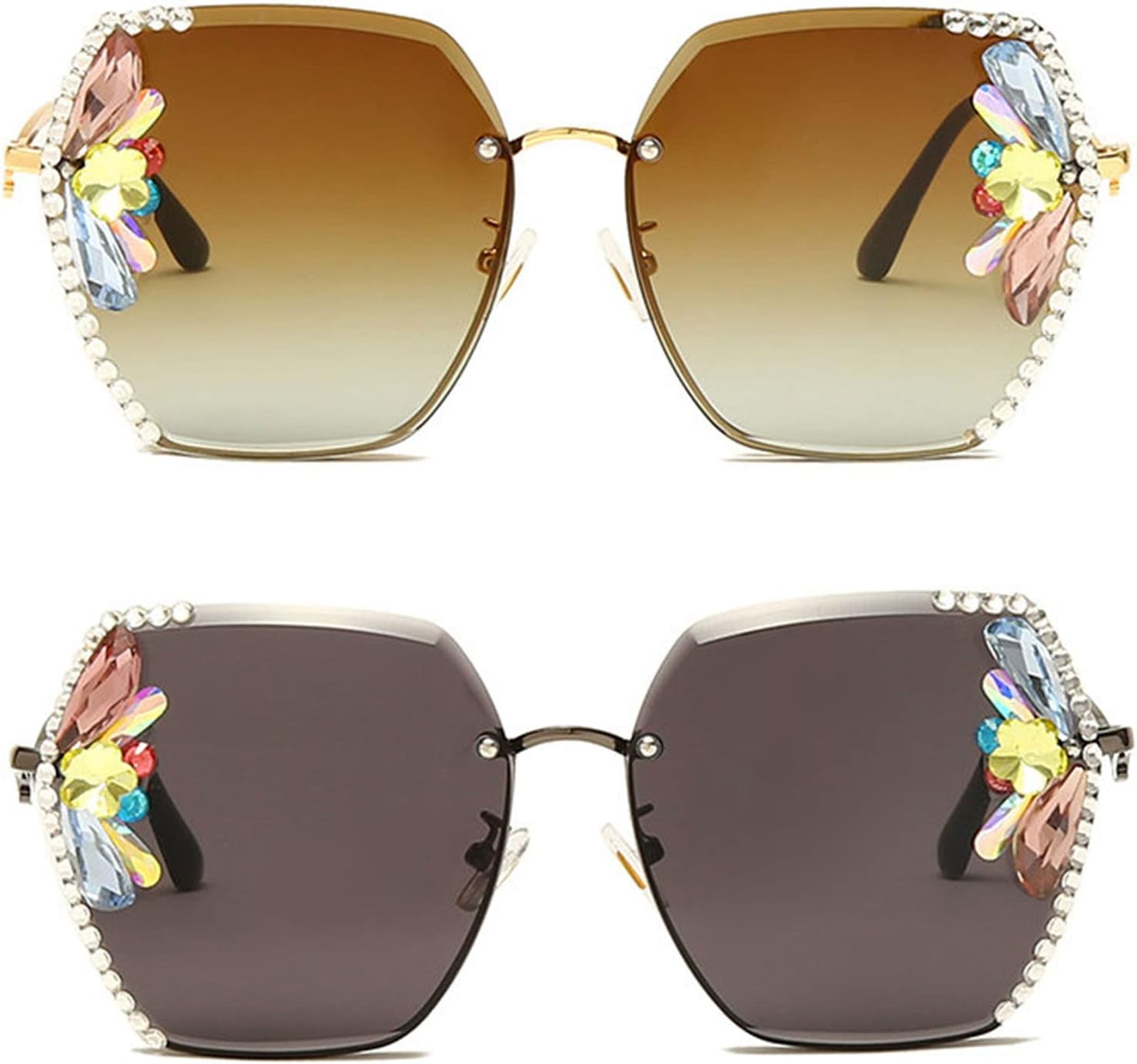 

Солнцезащитные очки Willochra большого размера без оправы для женщин, очки с прозрачными линзами, большие солнцезащитные очки, солнцезащитные очки с градиентными линзами, солнцезащитные очки с бриллиантами, 2pcs-black&brown