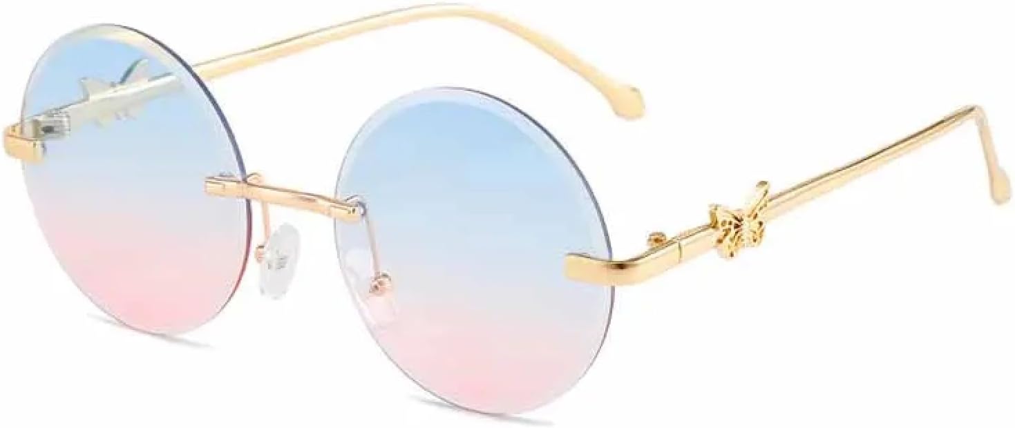 

Винтажные круглые солнцезащитные очки без оправы для мужчин и женщин, модный тренд, металлическая оправа, дорожные солнцезащитные очки с защитой от УФ-излучения UV400 TKKTLLT, Gold Blue Pink