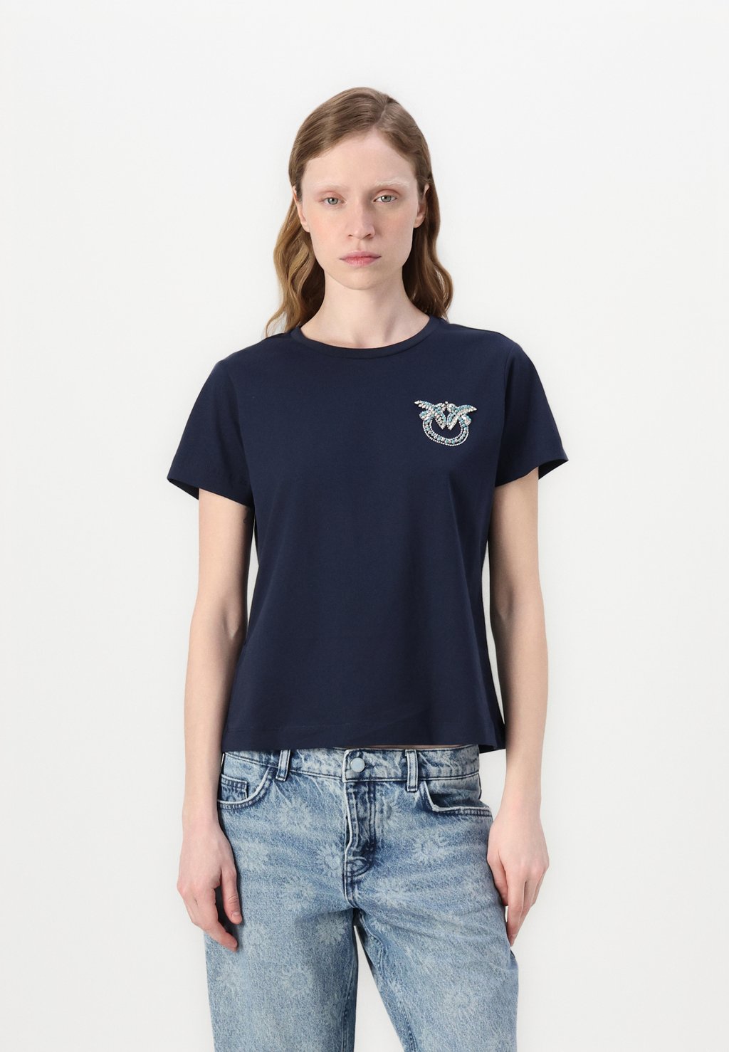 

Футболка с принтом NAMBRONE LOGO BIRDS RICAMATO Pinko, темно-синий