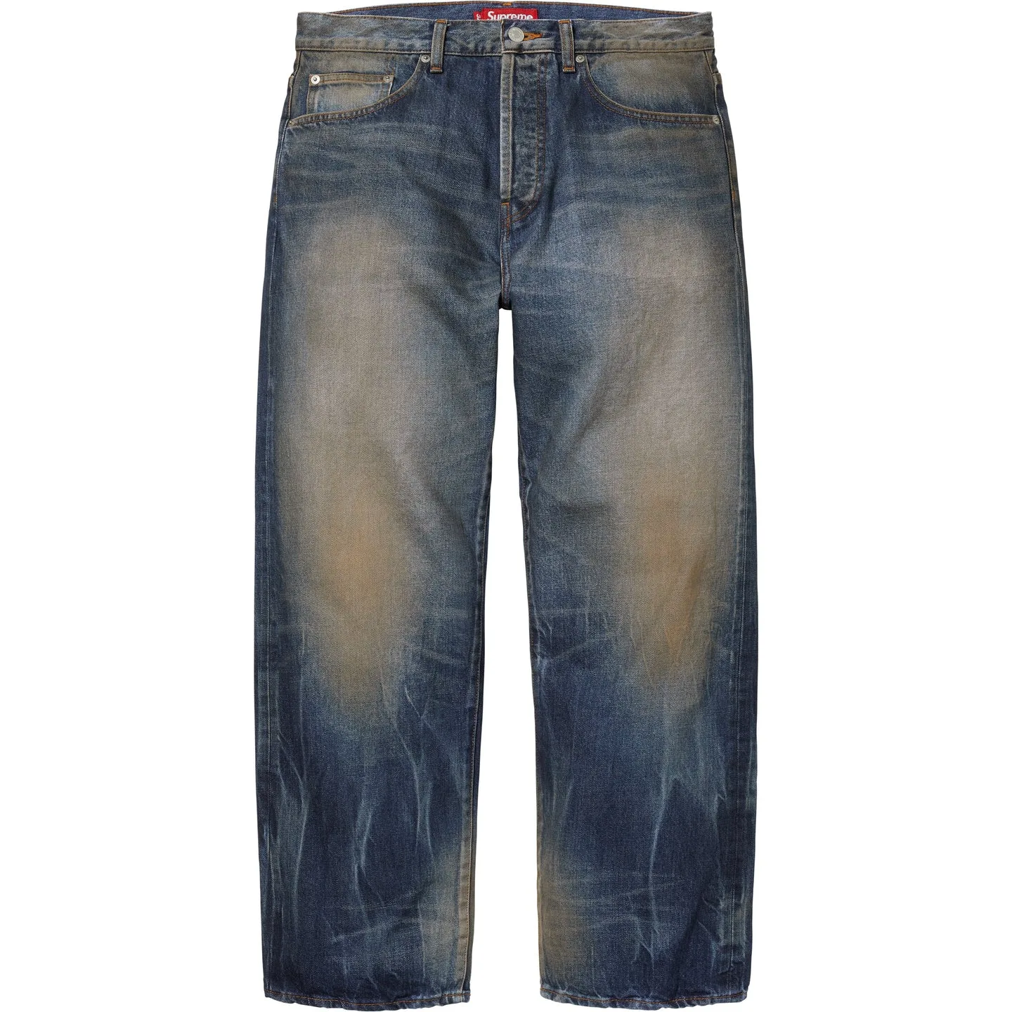 Джинсы SS26 WEEK1 Distressed Loose Fit Selvedge Unisex Supreme, Washed Indigo/Washed Indigo