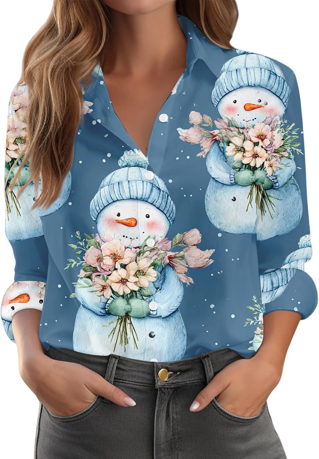 Женская блуза с рождественским принтом, Casual, Oversized, 1-light Blue — фото 4