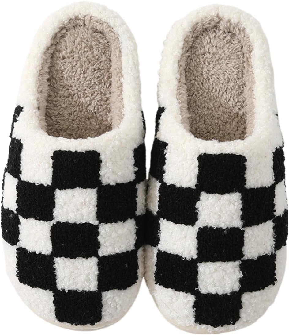 

Клетчатые тапочки для женщин и мужчин, домашние тапочки, забавные пушистые тапочки, зимняя обувь, и домашние теплые плюшевые тапочки для спальни Generic, черный