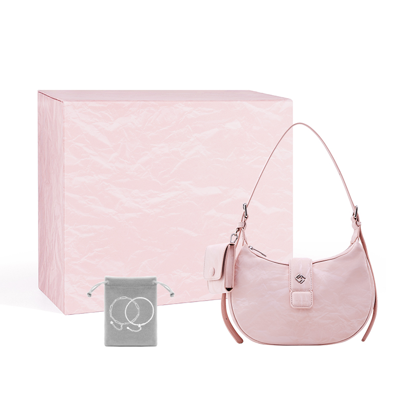 

HE BAO BAO Сумка через плечо из искусственной кожи персикового розового цвета, New Chinese Style Peach Pink Crescent Moon Bag+Box