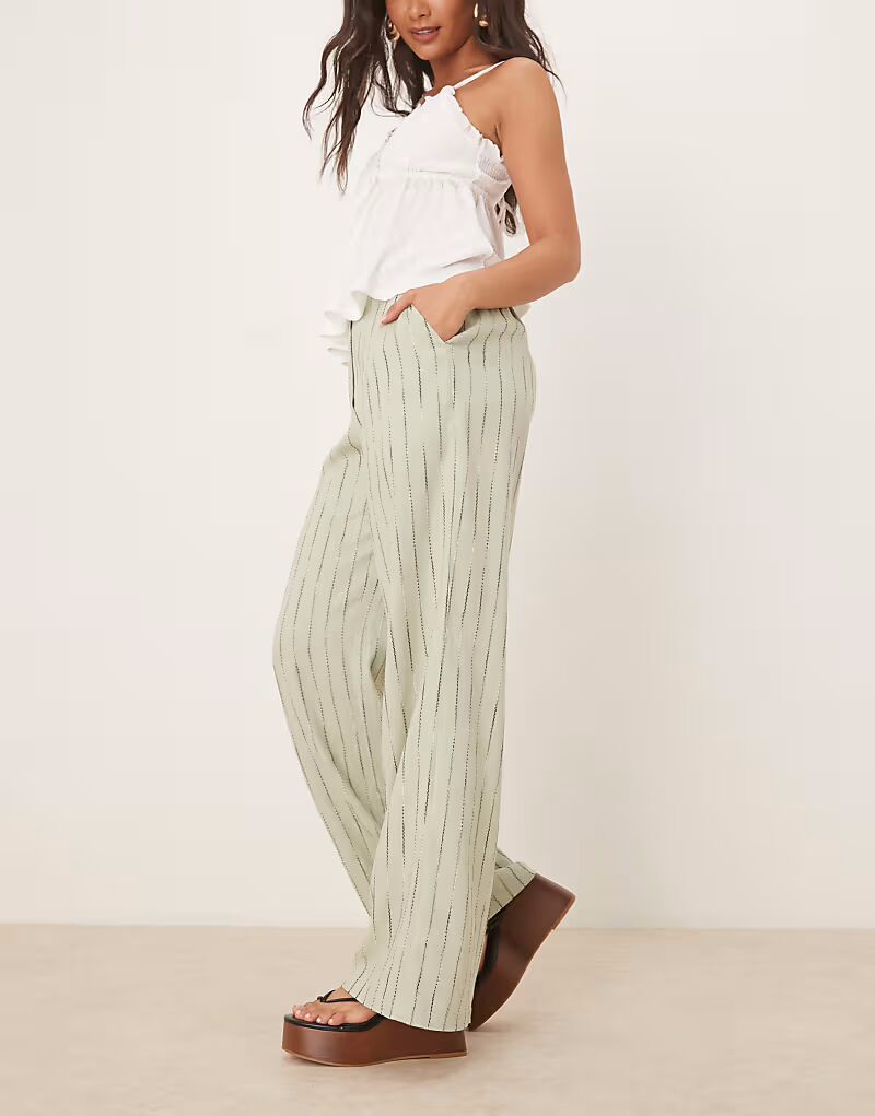 

Свободные прямые брюки ASOS DESIGN с льняной отделкой в ​​полоску шалфея