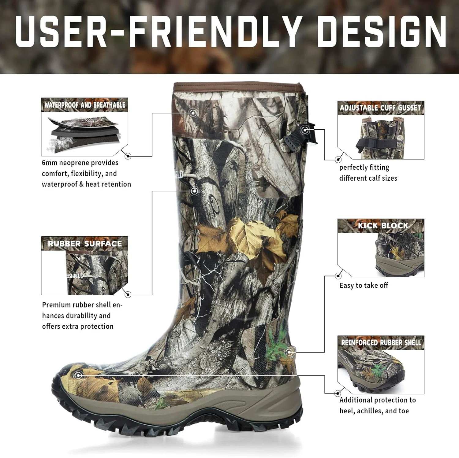 Дышащие утепленные охотничьи ботинки Next Camo G2 с универсальным дизайном - прочные 6-миллиметровые неопреновые водонепроницаемые резиновые ботинки для мужчин и женщин, размеры 7-14 GIEESHIELD — фото 2
