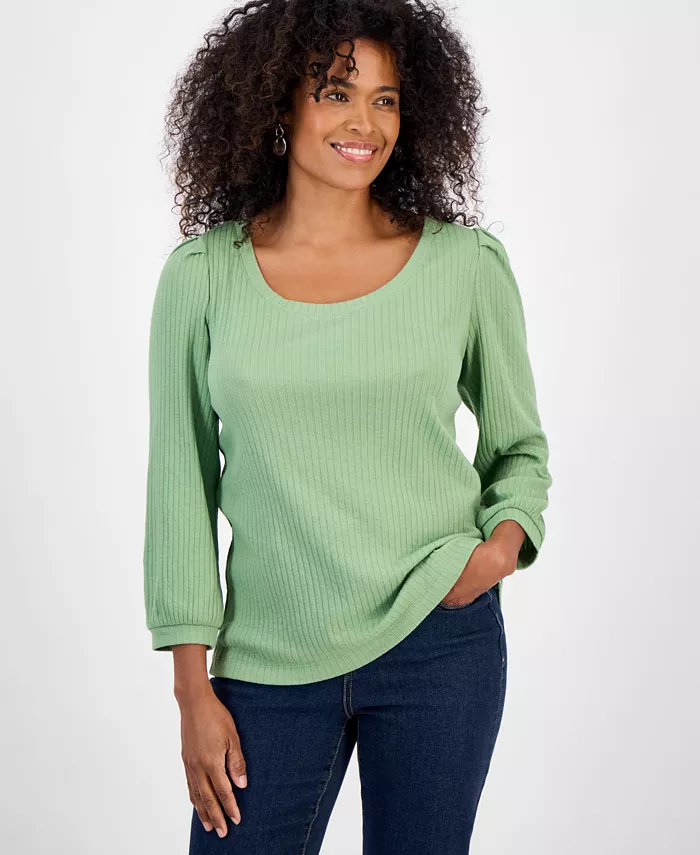 

Женский топ с круглым вырезом и длинными рукавами из ребристой ткани Style & Co, зеленый