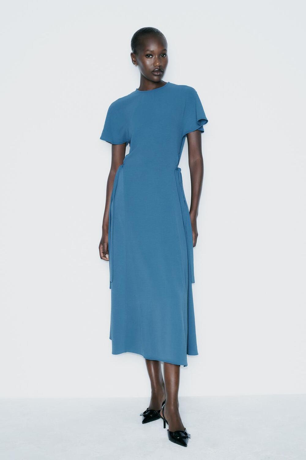 

Струящееся платье миди ZARA, цвет duck blue