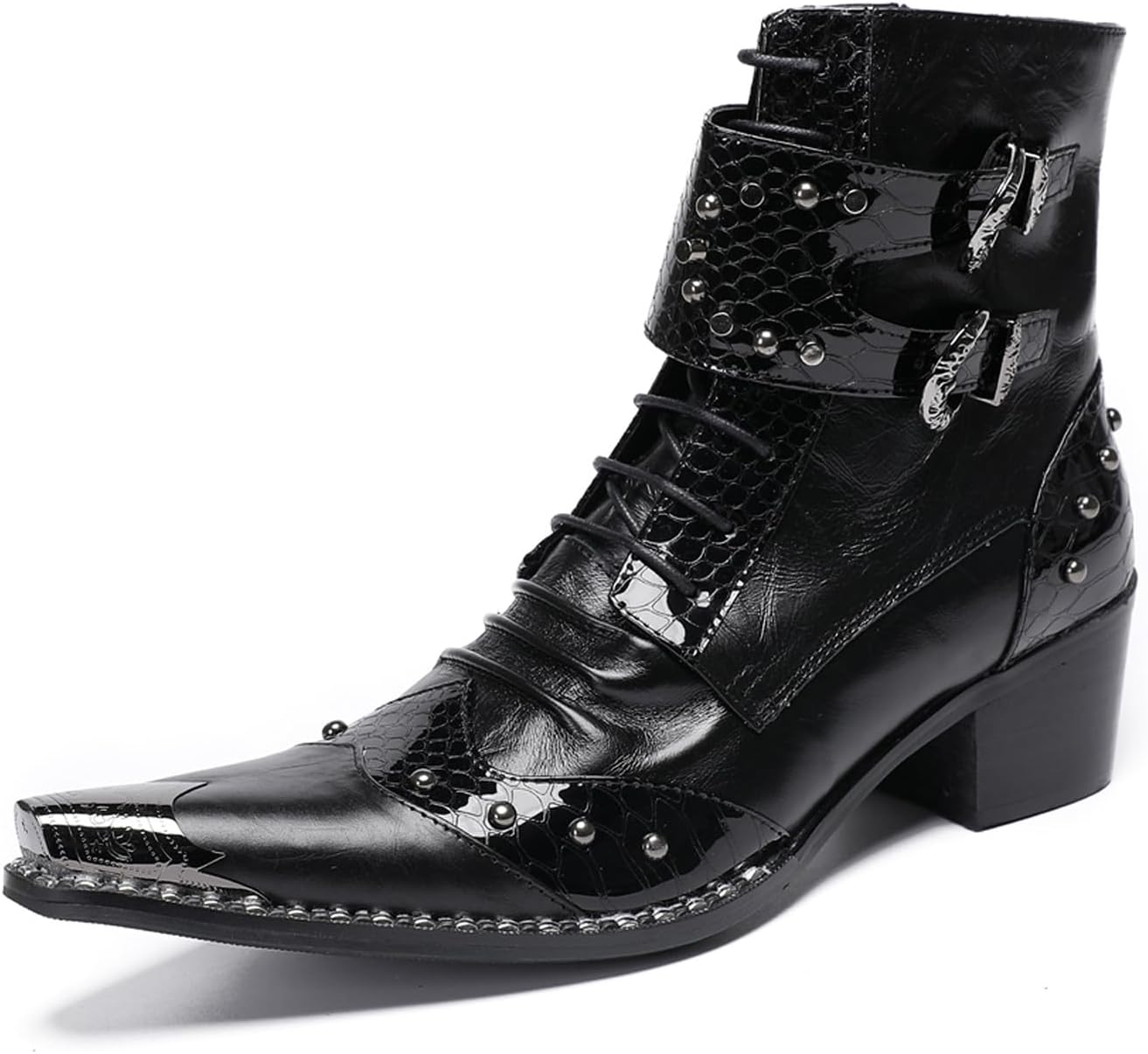 

Мужские повседневные ковбойские сапоги Santimon - настоящая кожаная байкерская западная обувь с металлическим заостренным носком и пряжками для диско-вечеринки или бального зала, черный