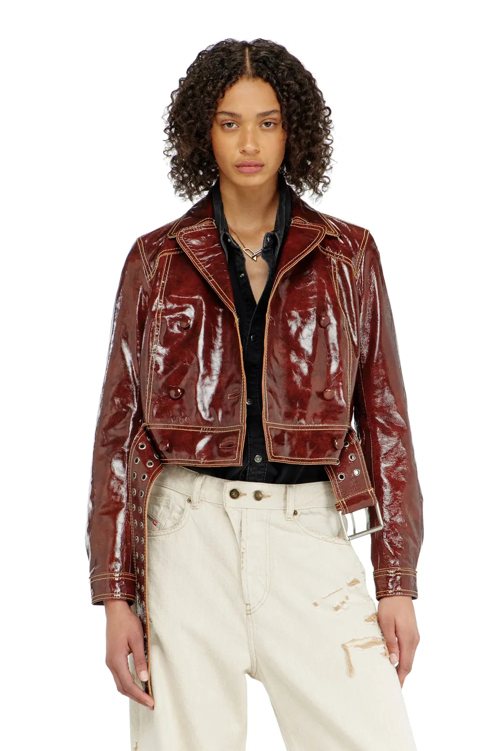 Лакированная кожаная куртка с широким поясом Diesel, Red
