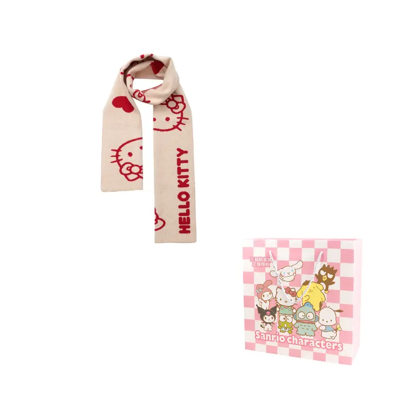 

Sanrio Вязаный шарф Hello Kitty унисекс, Hello Kitty Beige Red Knit Scarf