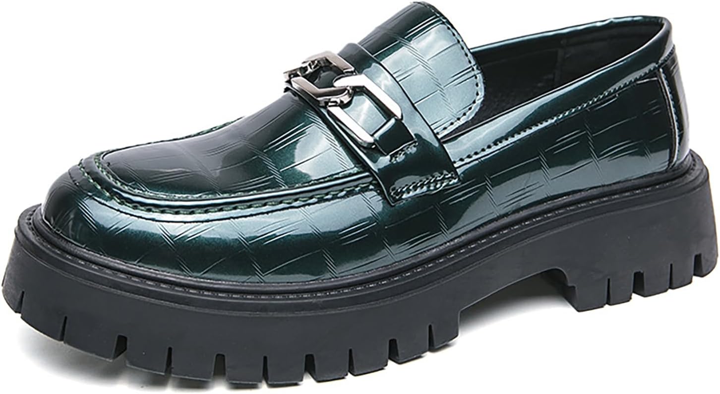 

Мужские лоферы на платформе из лакированной кожи без шнурков, модный носок округлой формы, металлическое украшение, нескользящая толстая подошва, деловая обувь, повседневная, для вечеринок, свадьбы, выпускного Wenoreg, зеленый