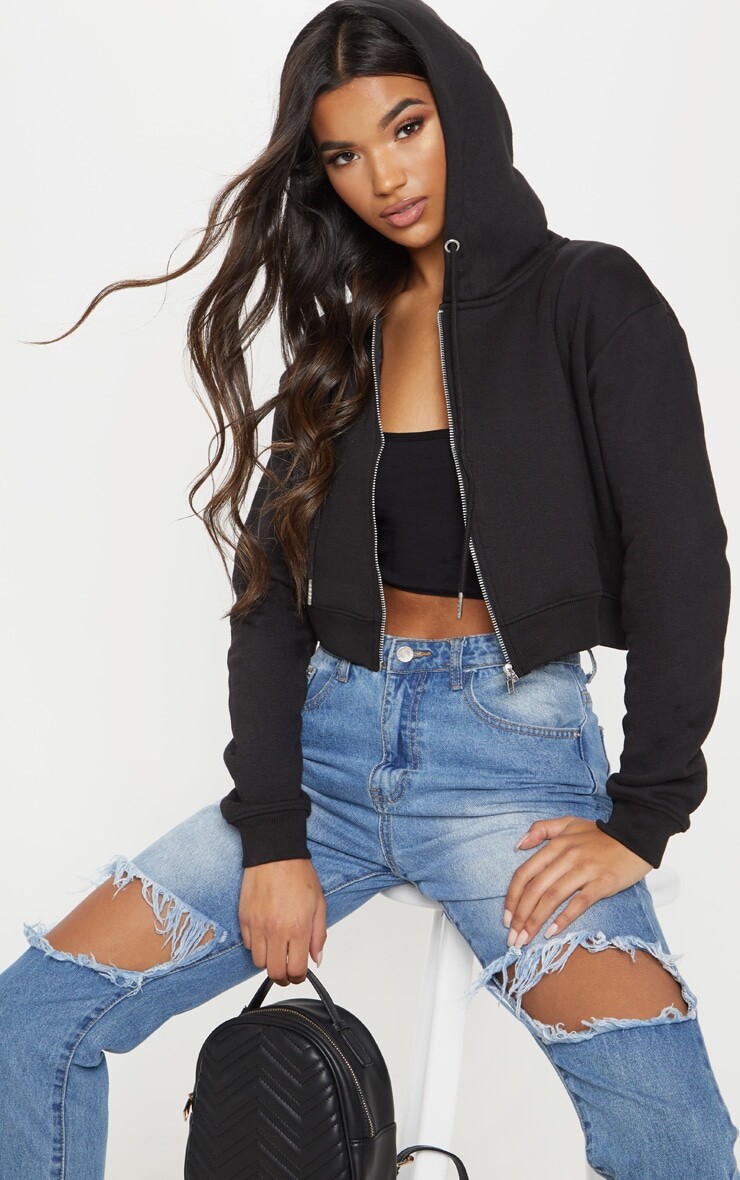 

PrettyLittleThing Черный укороченный худи на молнии