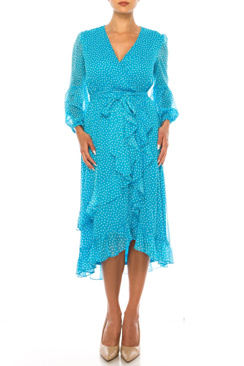 

Платье миди с длинными рукавами в горошек цвета бирюзы и слоновой кости Maison Tara, Turquoise Ivory