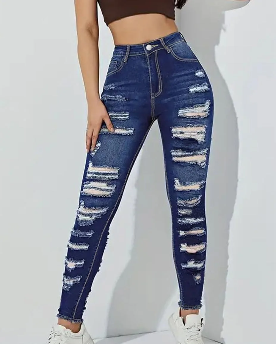 Женские джинсы GPCHAN High Waist Plus Size Destroyed скинни — фото 2