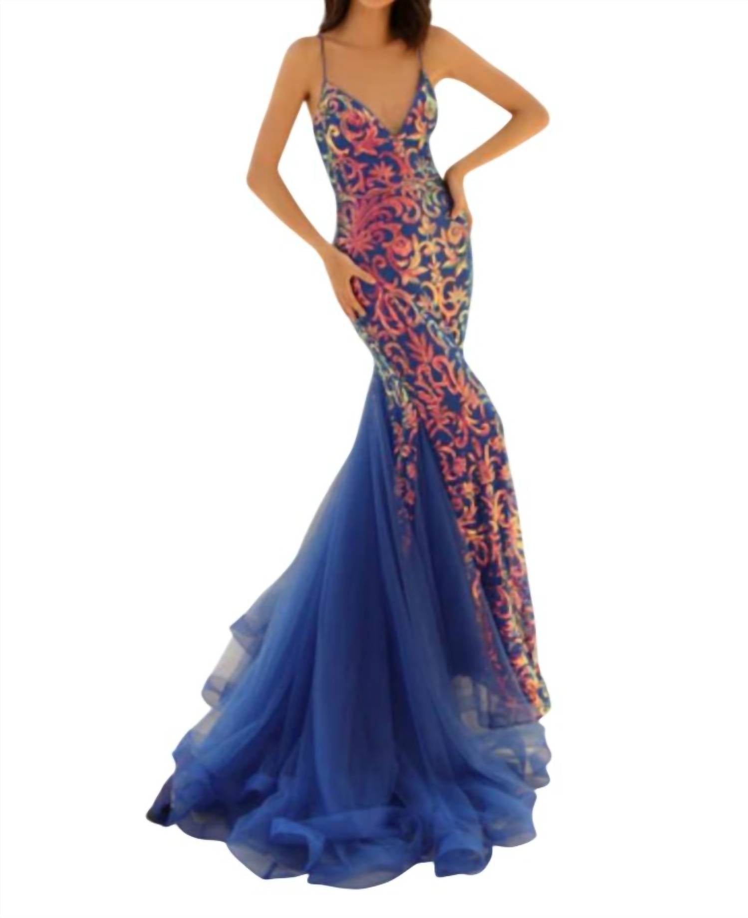 

Роскошное мерцающее платье-русалка в королевской расцветке Clarisse, мультиколор