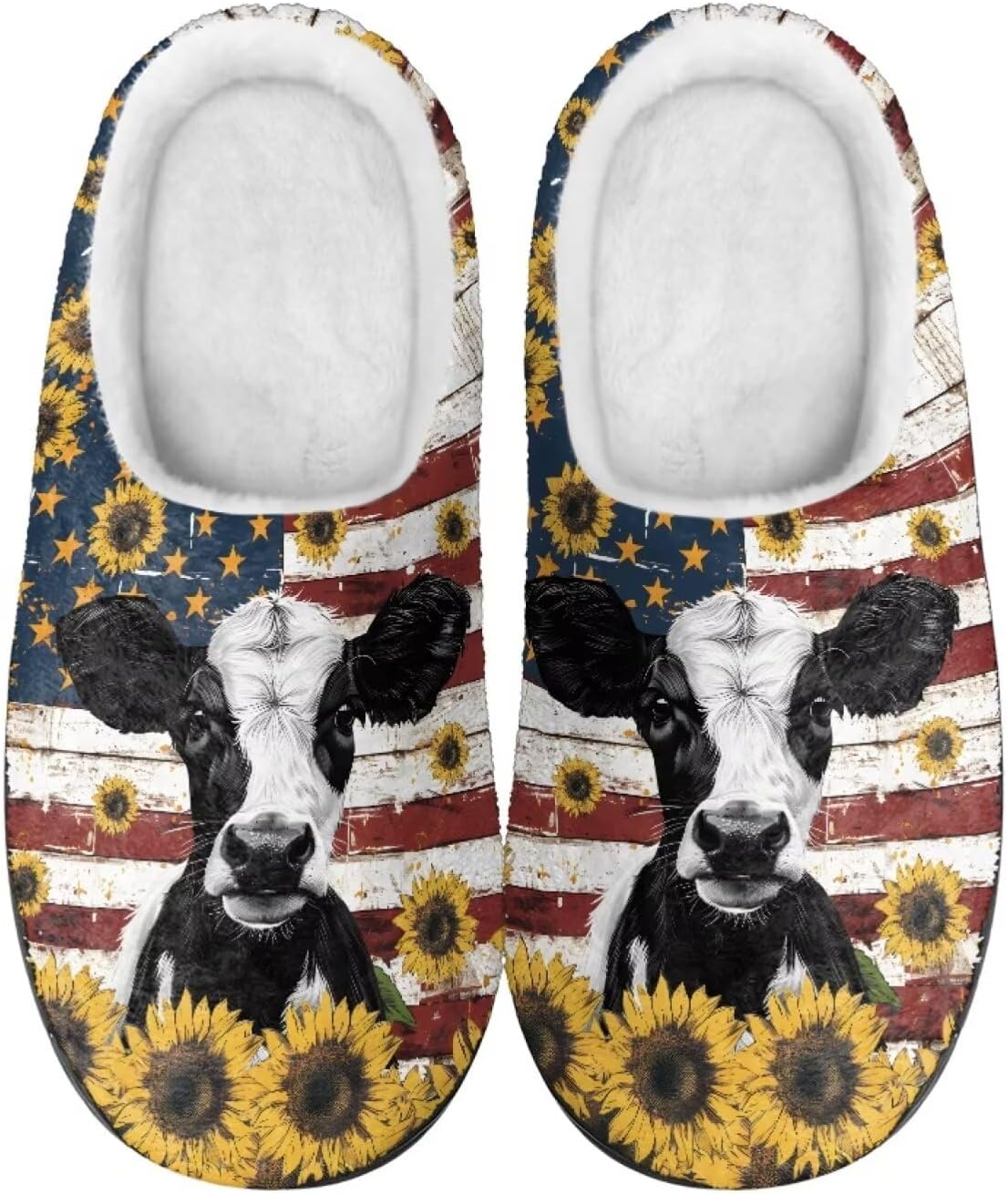 

Домашние тапочки Binienty для женщин и мужчин, пушистые, для дома и улицы, удобные, с противоскользящей подошвой, American Flag Cow Sunflower