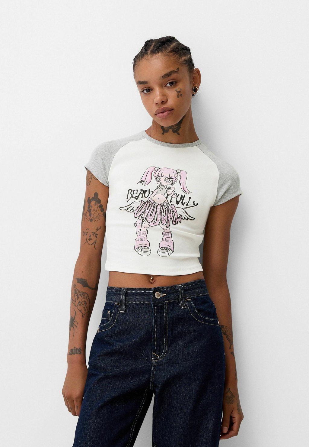 

Футболка с принтом RAGLAN SHORT SLEEVE Bershka, белый
